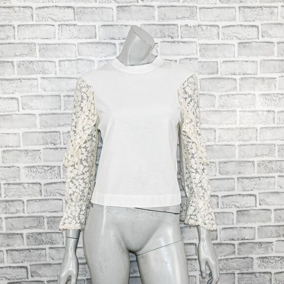 SEE by Chloe Women's ruffle Lace Sleeves Crew top in Naturel White sz XS - Picture 1 of 11